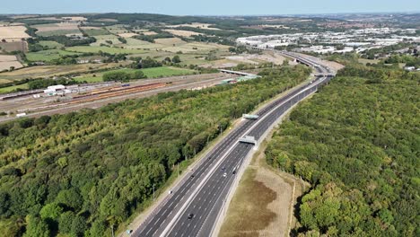 drone aerial view of british motorway in gateshead, north east england with traffic flow