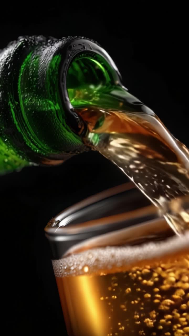 Una bevanda rinfrescante versata in un bicchiere, catturando l'azione effervescente e il colore ricco del liquido in un primo piano visivamente sorprendente.