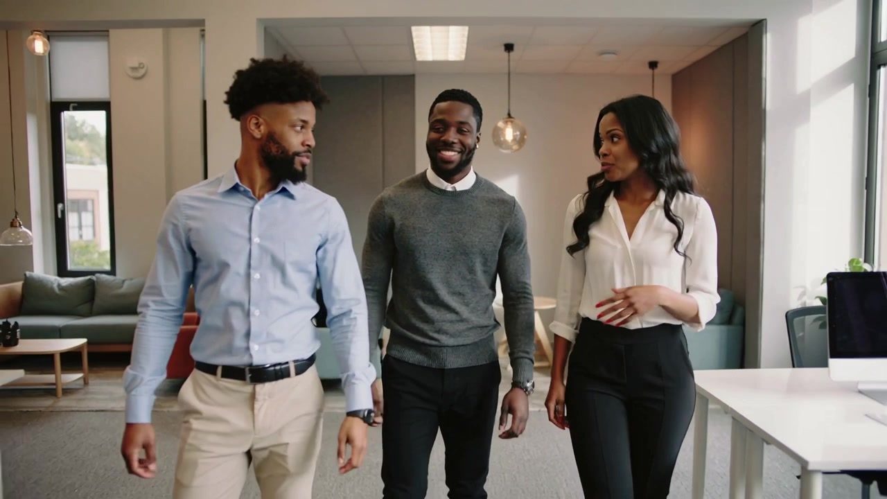 Walking trio discussing work, woman starting talk in office by flip chart in business attire