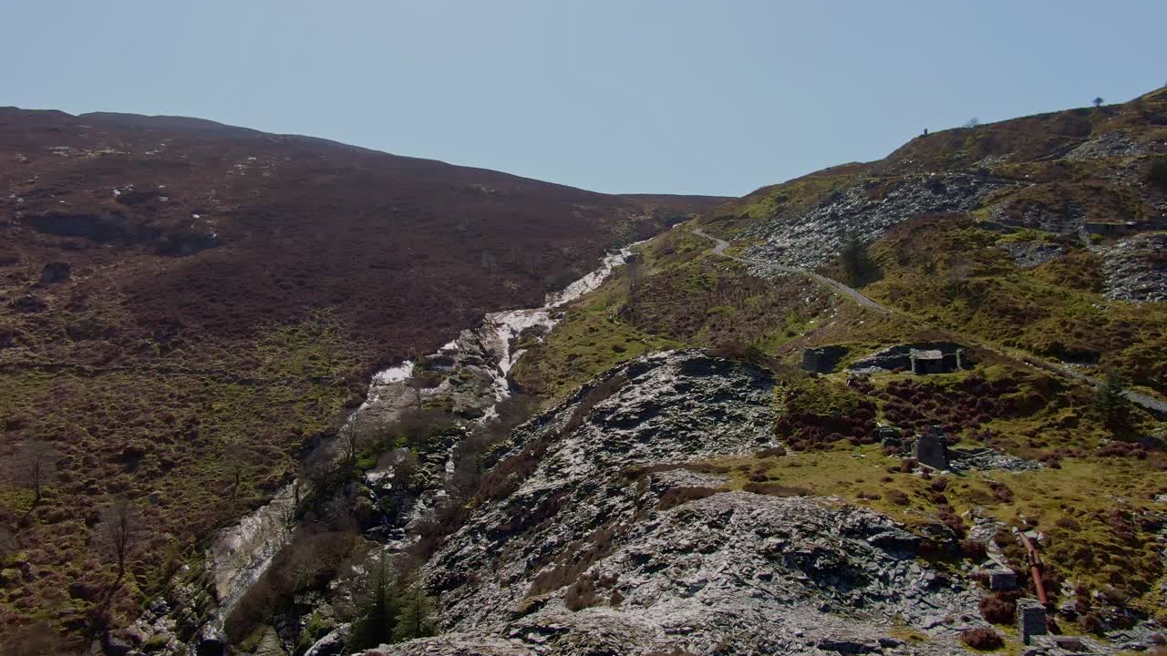 Ripresa aerea che rivela montagna e fiume in una zona remota del Galles del Nord