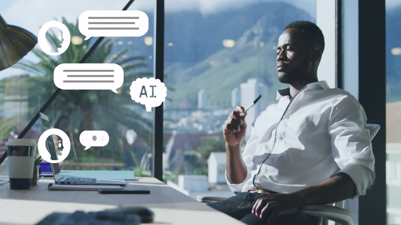 animación de procesamiento de datos de la ia sobre un hombre de negocios afroamericano usando una computadora portátil