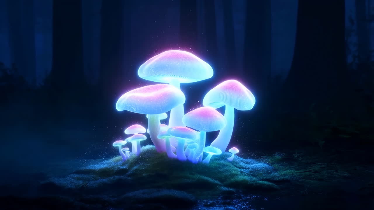 Funghi luminosi in una foresta scura, che emettono una morbida luce bioluminescente blu-rosa su un cumulo muschioso, nebbia che vortica.