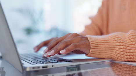 woman, hands and typing on laptop for marketing