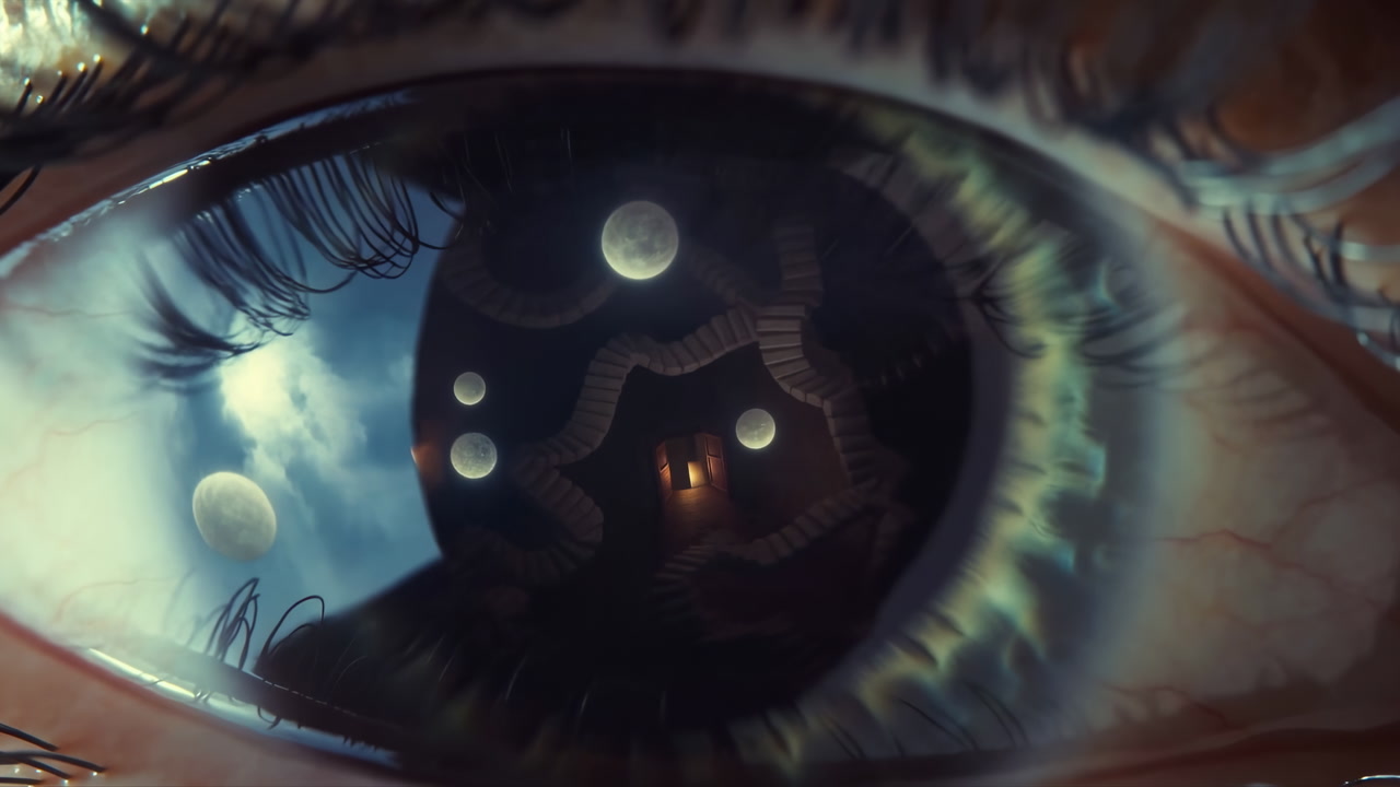 Closeup Human Eye Reflecting Miniature Moon, Tiny House And Stair Shapes In Iris, Cinematic Macro Detail