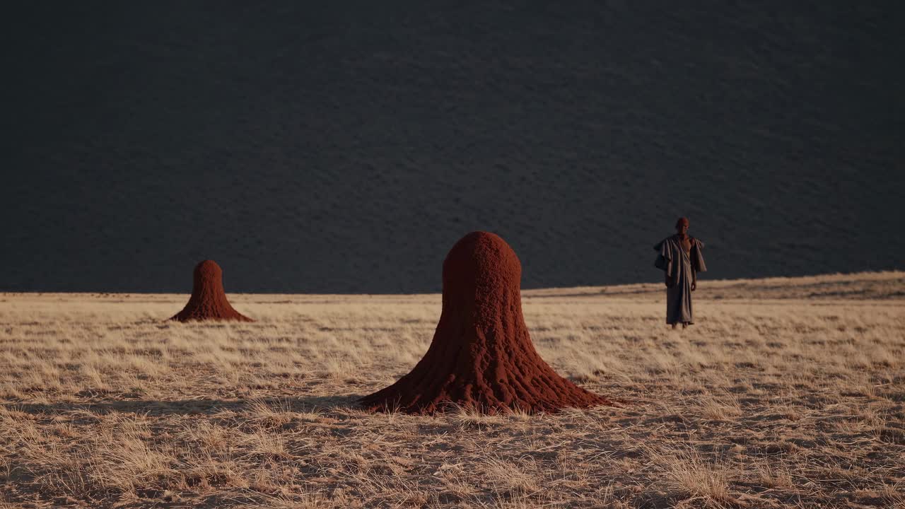 Shaman standing in a dry field with termite mounds during a mystical invocation, creating a spiritual atmosphere in the vast African landscape
