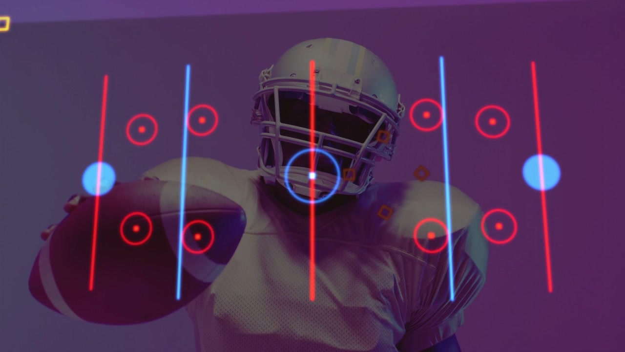 Jugador masculino moviendo el torso, extendiendo el brazo, apareciendo una línea roja, HUD mapeando la trayectoria para tecnología deportiva.