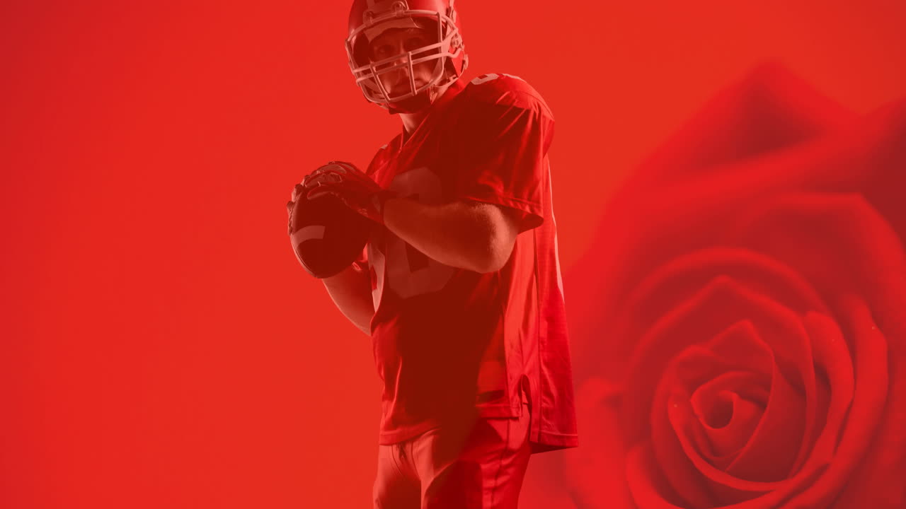 Animation of american football player holding ball over red rose background