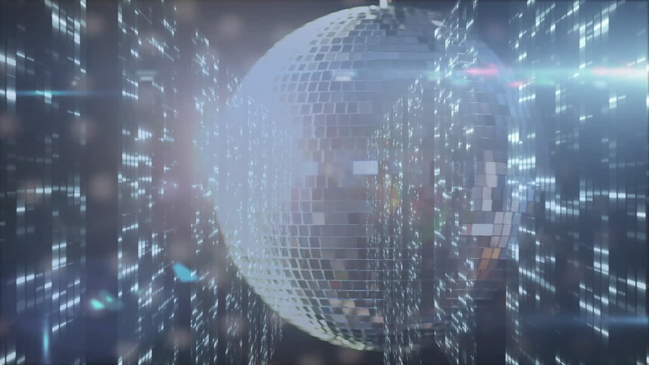 Disco ball rotating, reflecting lights on tall skyscrapers at night in animation