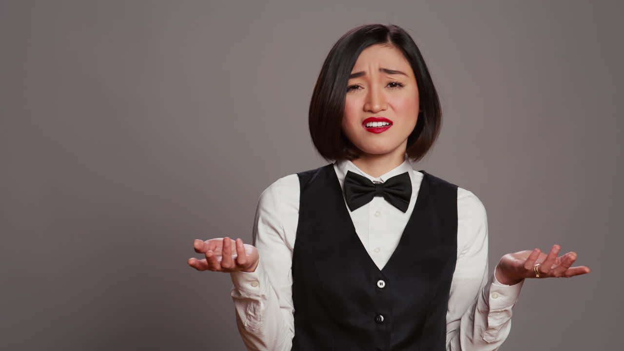 리셉션 데스크 직원들은 카메라 앞에서 지루하고 졸고 있습니다.