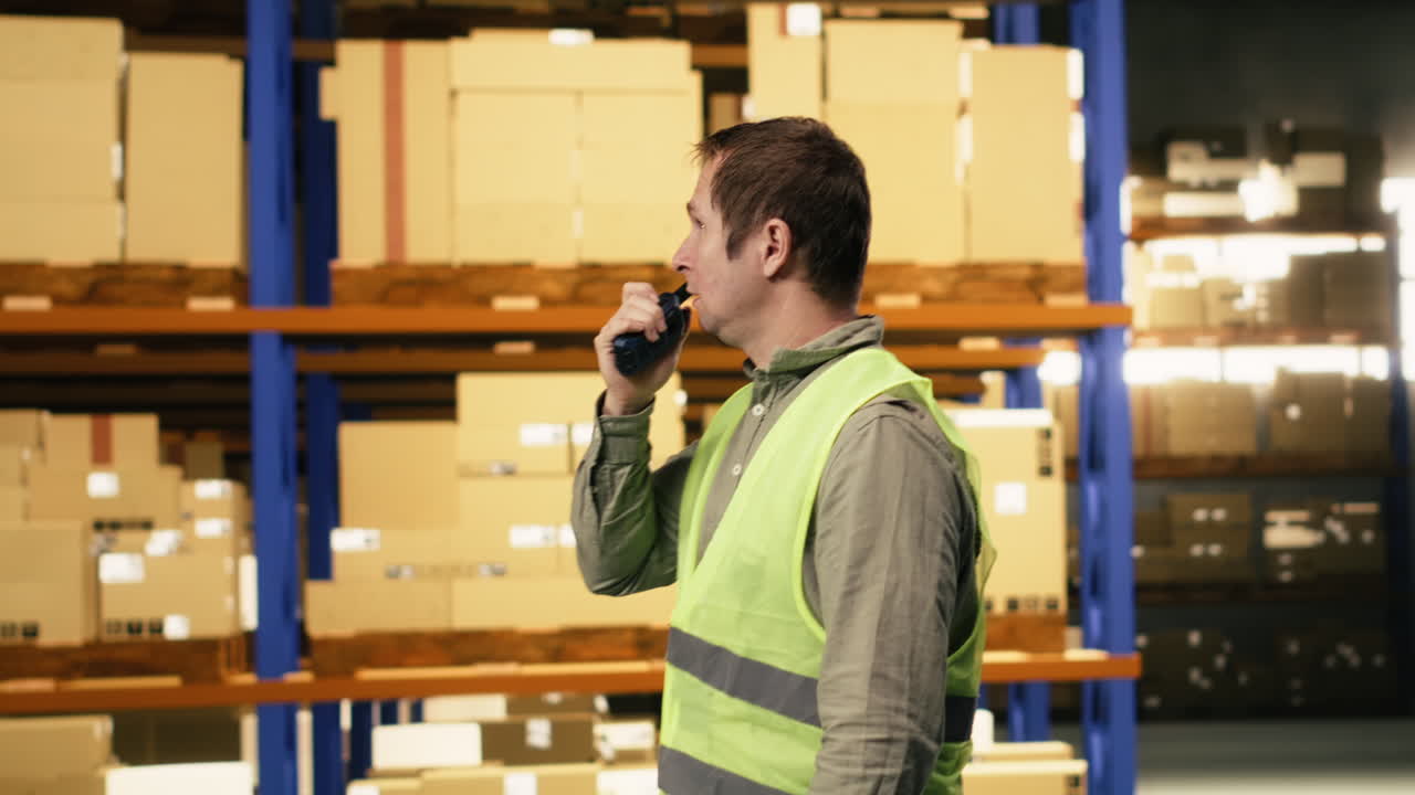 Instructions over walkie-talkie, industrial worker, for colleague to move cargo