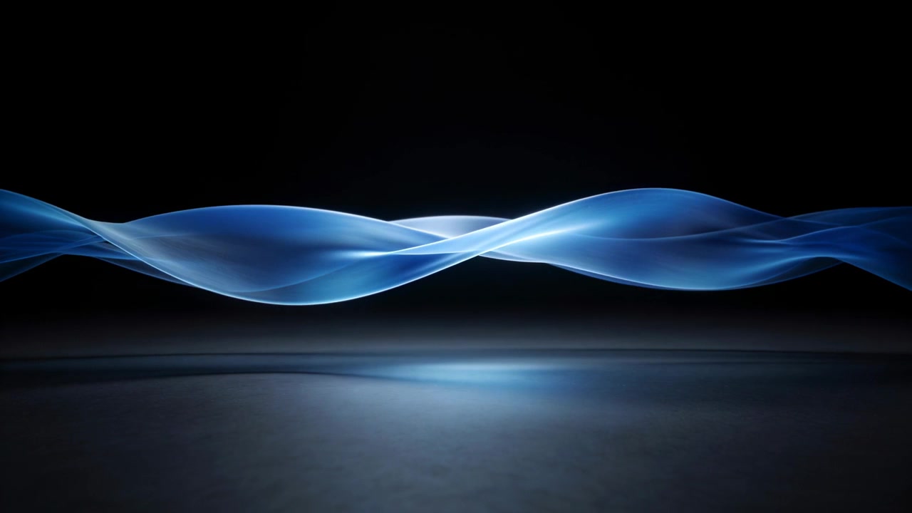 Floating translucent blue ribbon shifting across dark stage as frames progress, lighting plane