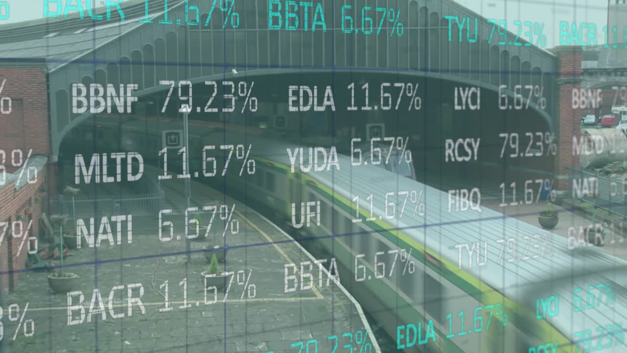 주식 시장 데이터 처리의 애니메이션은 철도에서 달리는 열차의 공중 시야에 대해