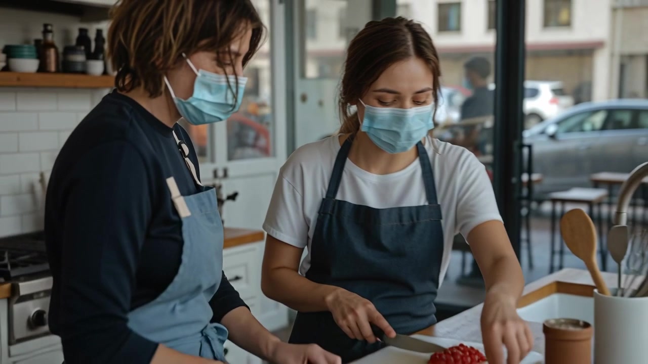 Trabajador de cafetería a la derecha escuchando y cortando detrás del mostrador después de que un compañero hace un gesto, con mantequilla y delantales