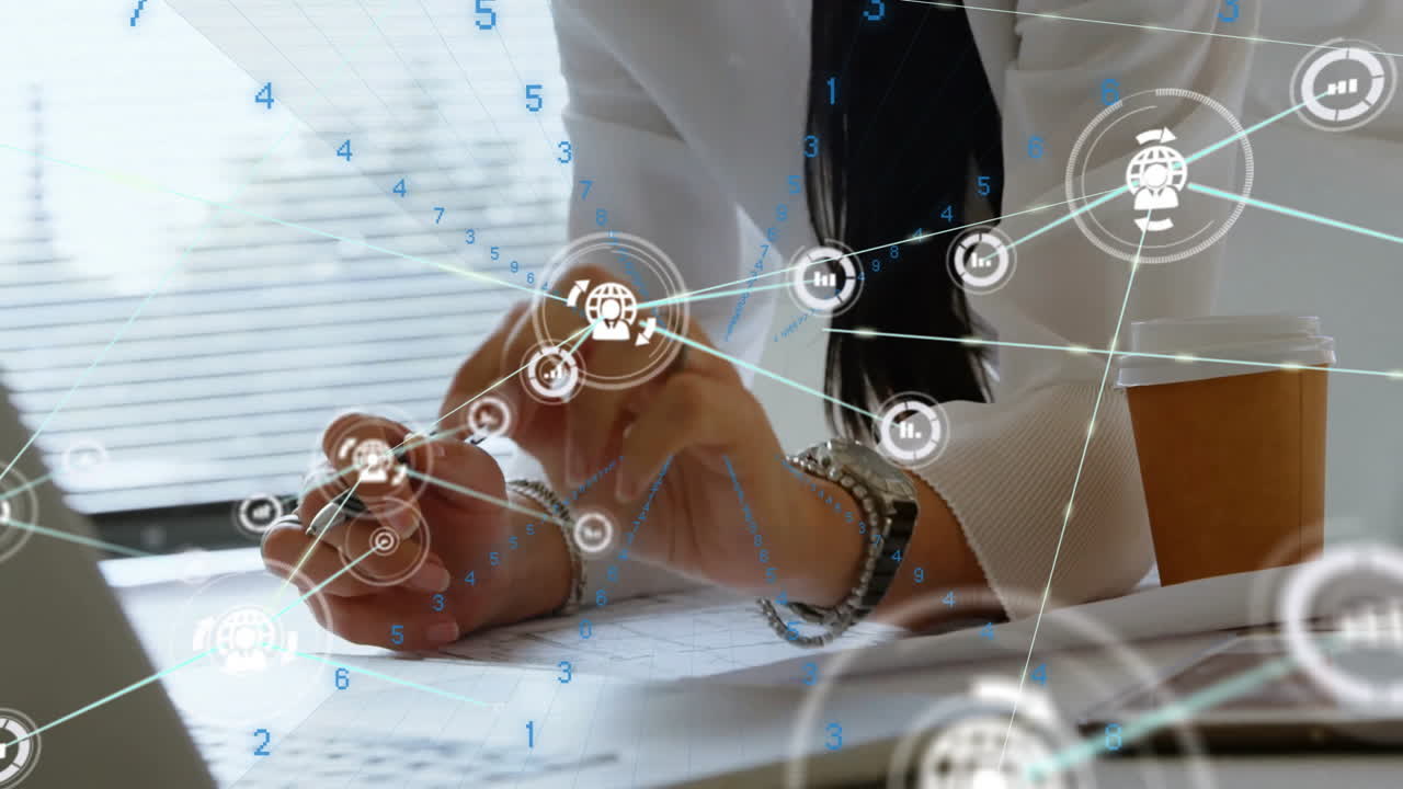 노트북에서 타이핑, 커피 컵을 들고 있는 사람, 네트워크 연결, 장면 위의 애니메이션