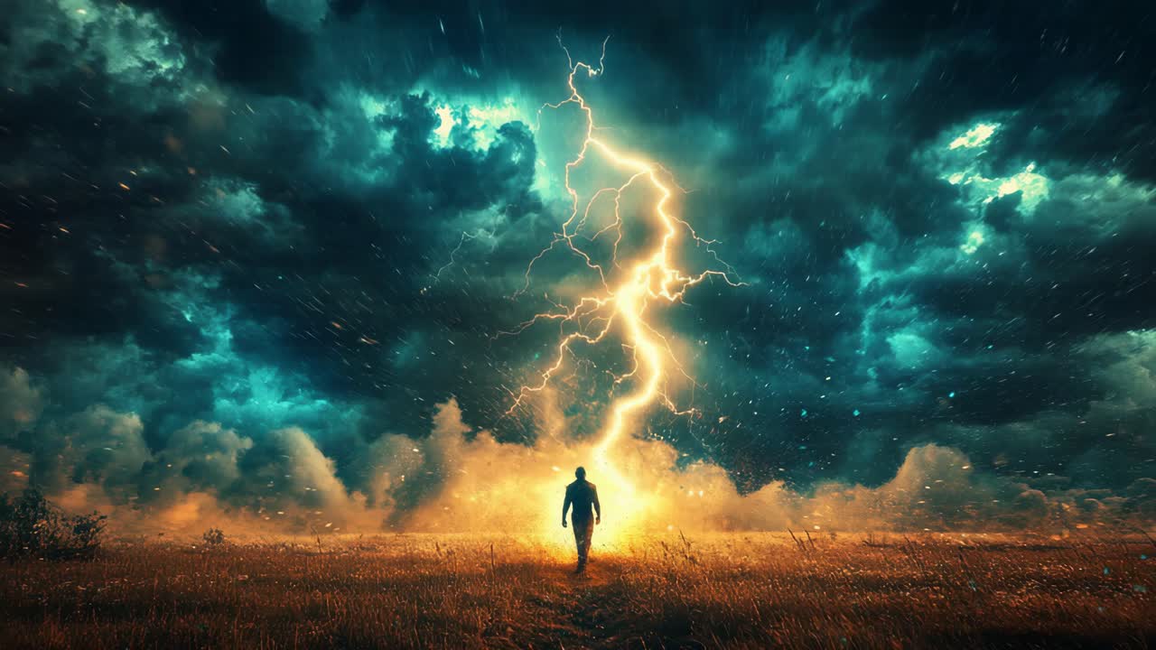 Man Facing a Powerful Lightning Storm