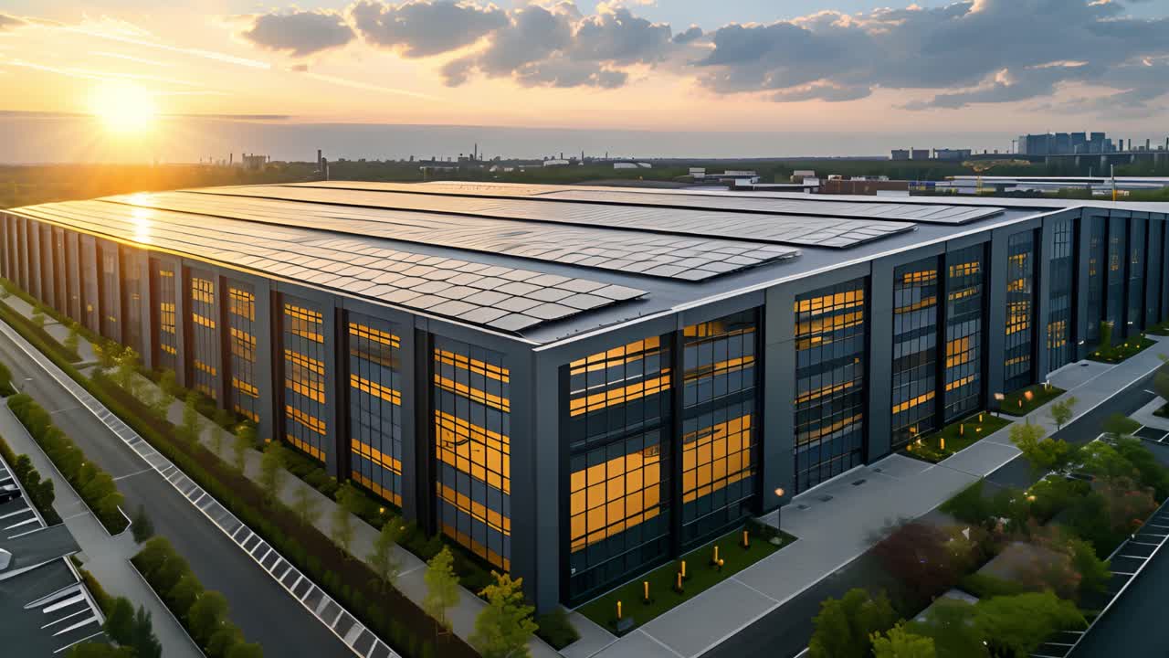 Large Modern Industrial Building with Rooftop Solar Panels at Sunset