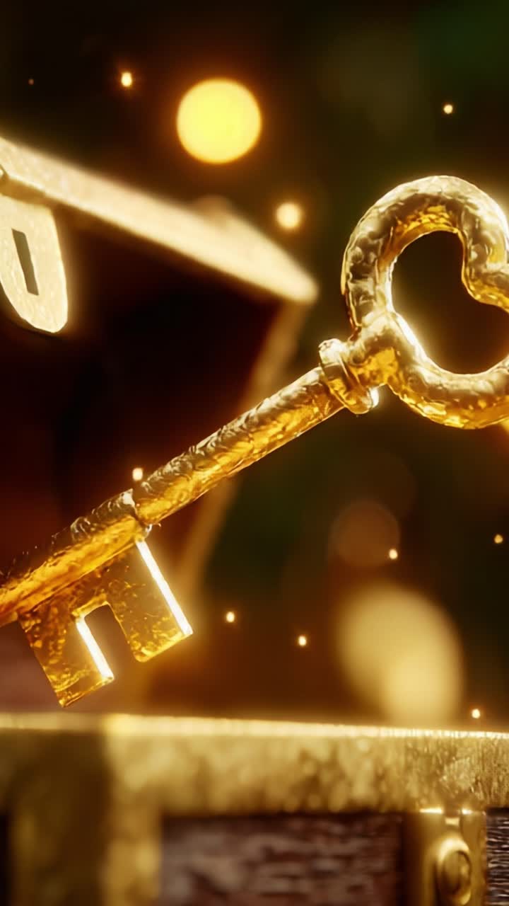 A Glimmering Key Emerging from an Open Treasure Chest, Surrounded by Sparkling Particles and Soft Focused Bokeh Effect, Signifying Adventure, Mystery, and Hidden Secrets Awaiting Discovery