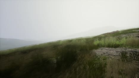 aerial green hills landscape in fog