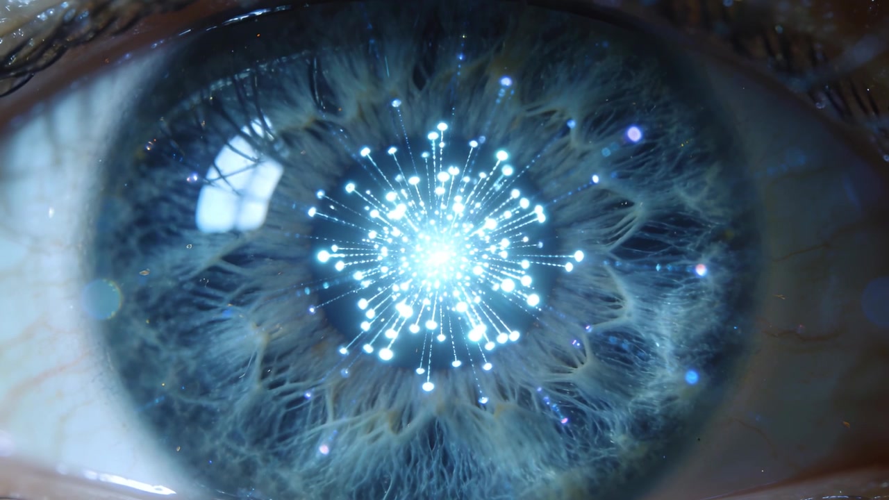 Mostrando filamenti oculari che si espandono dopo l'apparizione della luce della pupilla in un primo piano macro, riflesso corneale.