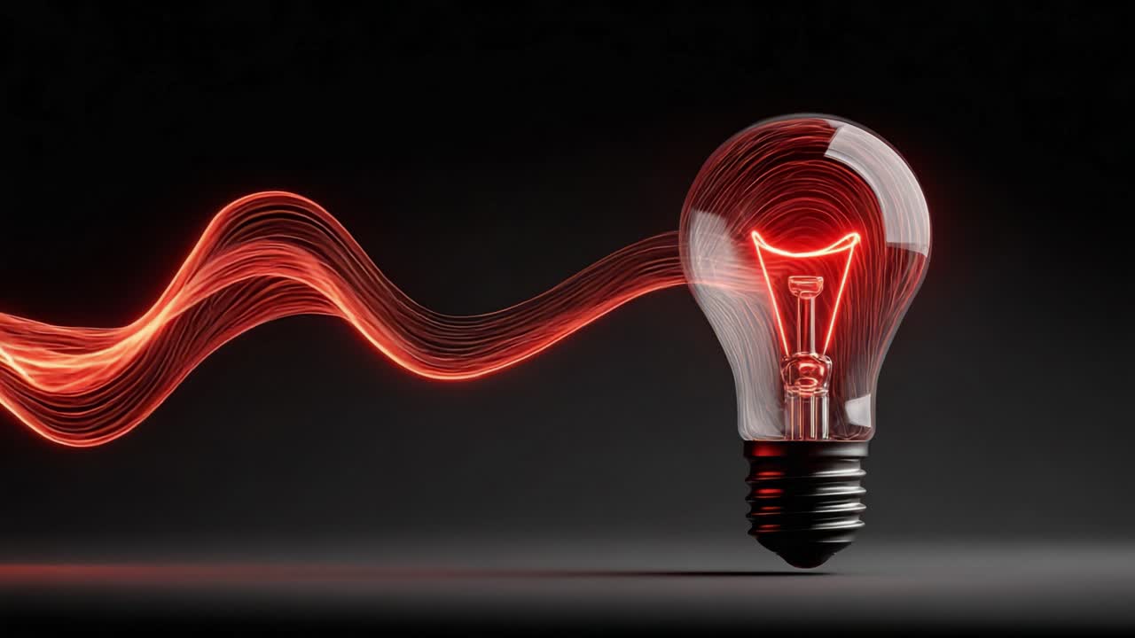 Incandescent light bulb receiving a glowing red energy stream that illuminates its filament, representing the concepts of electricity, innovation, power, and the flow of bright ideas