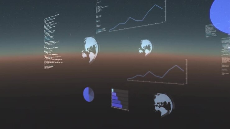 Animación de globos terráqueos, gráficos y lenguaje informático sobre un fondo abstracto