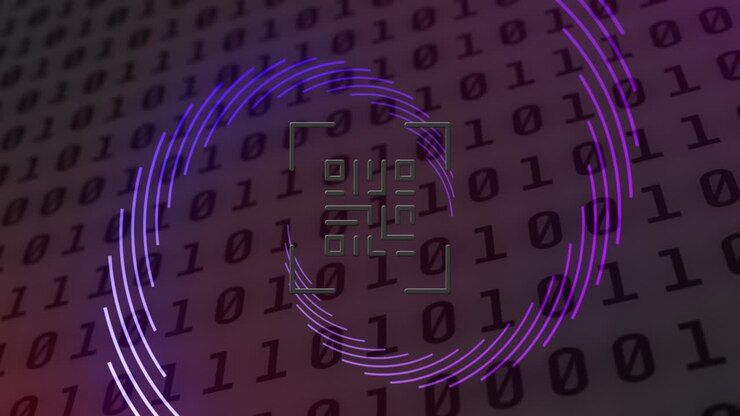 Animation of qr code and spinning purple shapes over binary coding