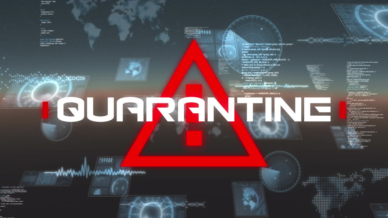 animación de la cuarentena de texto de advertencia de covid 19, sobre el procesamiento de datos en la interfaz