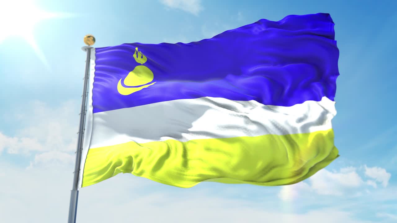 la bandera de buryatia ondeando en el viento contra el cielo azul profundo. tema nacional, concepto internacional. renderizado en 3d en un bucle sin costuras 4k