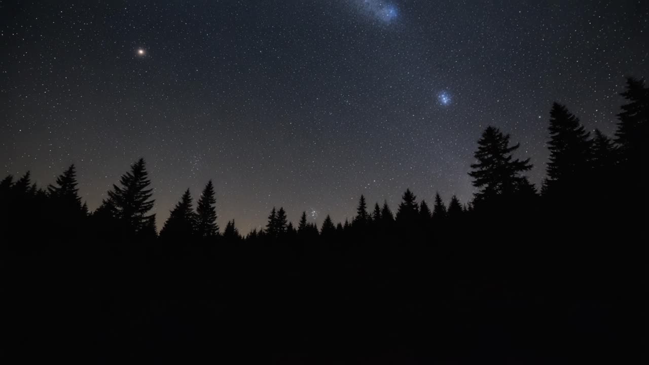 A Majestic Perspective of the Night Sky: Captivating Celestial Bodies and Dense Coniferous Forest Silhouette Under Stars