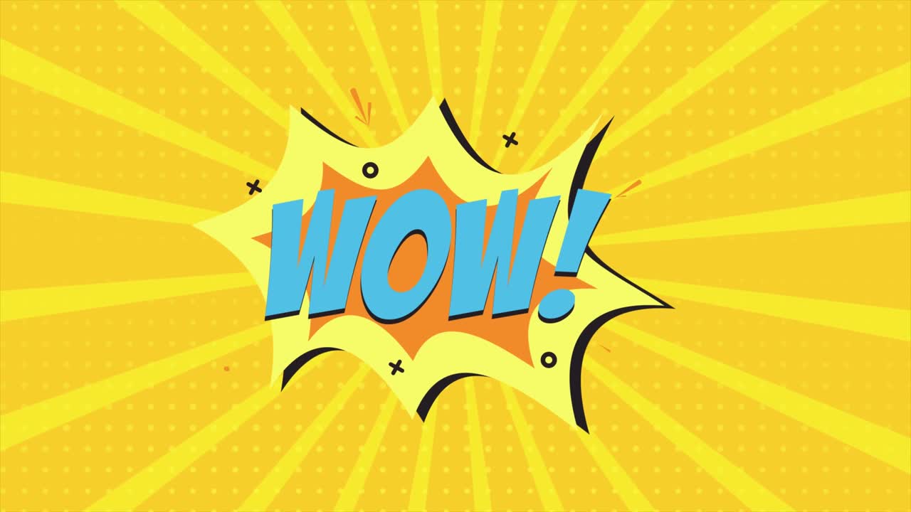 만화 만화 애니메이션, 와우라는 단어가 나타납니다. 노란색과 반색 배경, 별 모양 효과