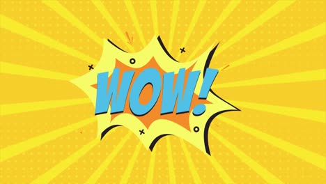 una animación de dibujos animados de tira cómica, con la palabra wow apareciendo. fondo amarillo y de medio tono, efecto de forma de estrella