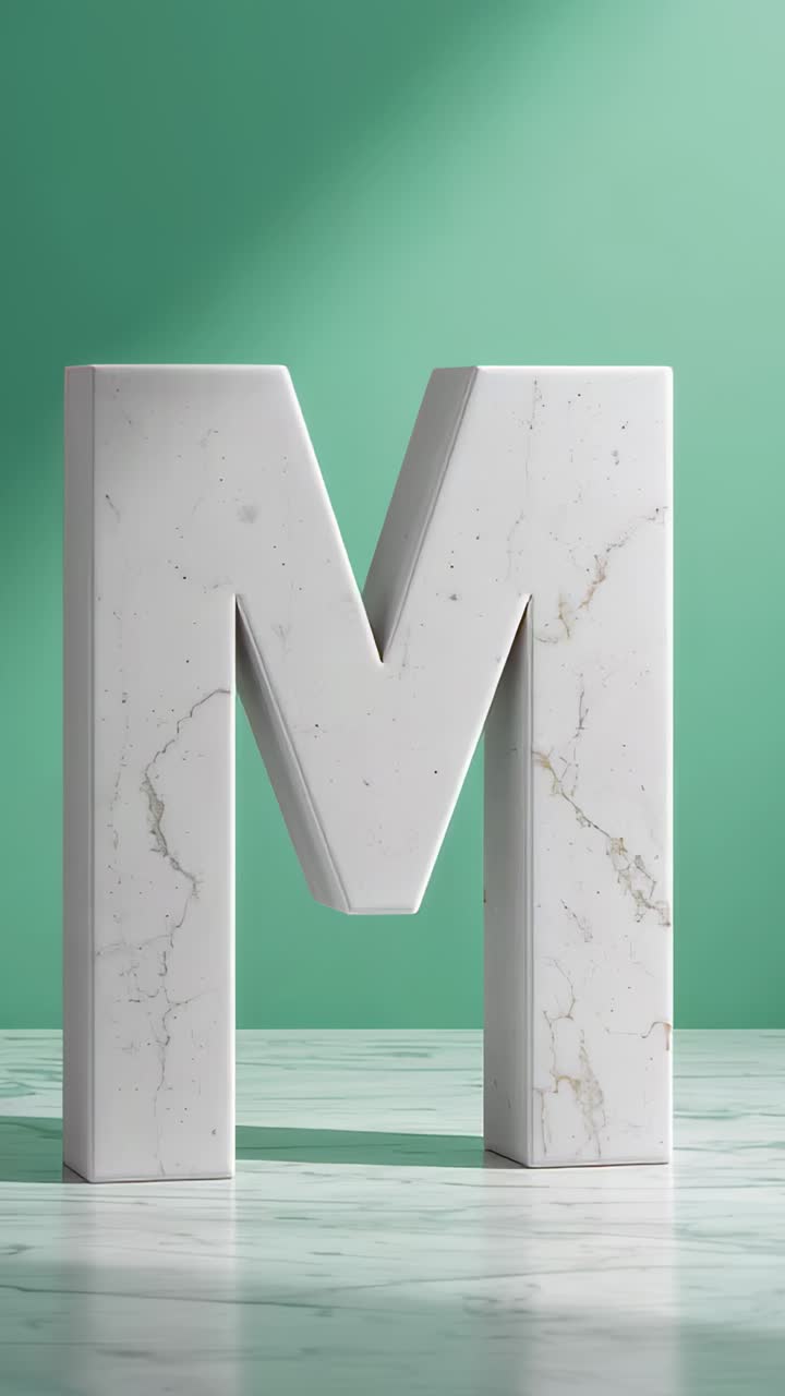Vertical video: Soft beam sweeping marble letter M in studio, showing veining then fading light