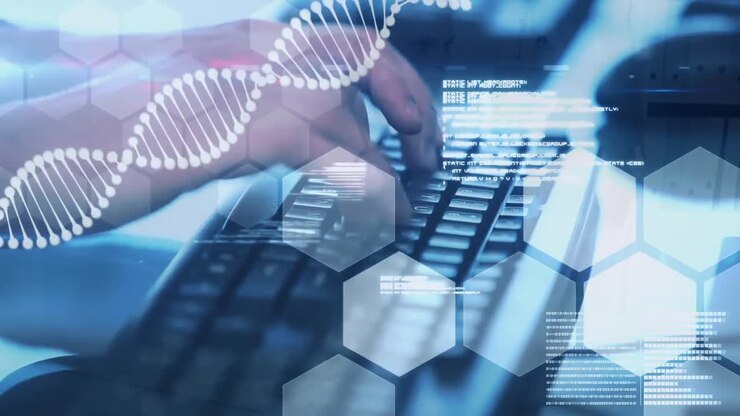 Animation of dna strand and data processing over hands typing on keyboard