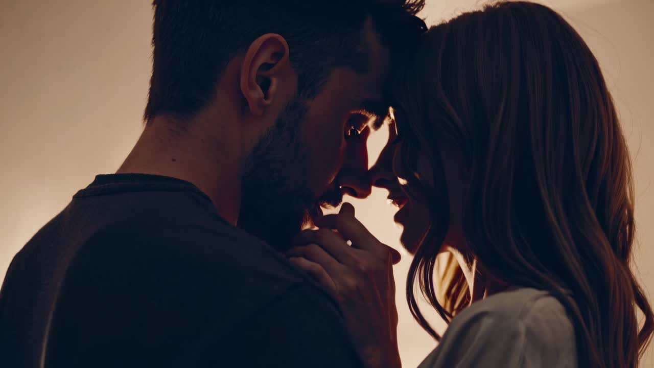Intimate close-up video shot from a side angle, capturing a tender moment between a couple in soft