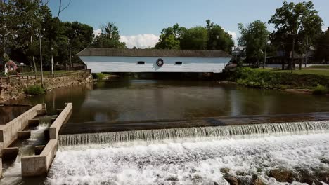 aerial flying toward the elizabethton covered bridge in elizabethton tennessee