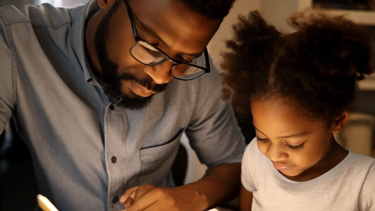 Caring African American father supporting young daughter during homework session, guiding her through learning process with patience and attentive mentorship at home desk