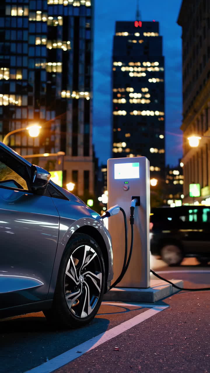 Şehirde Gece Şarj Olan Elektrikli Araba.