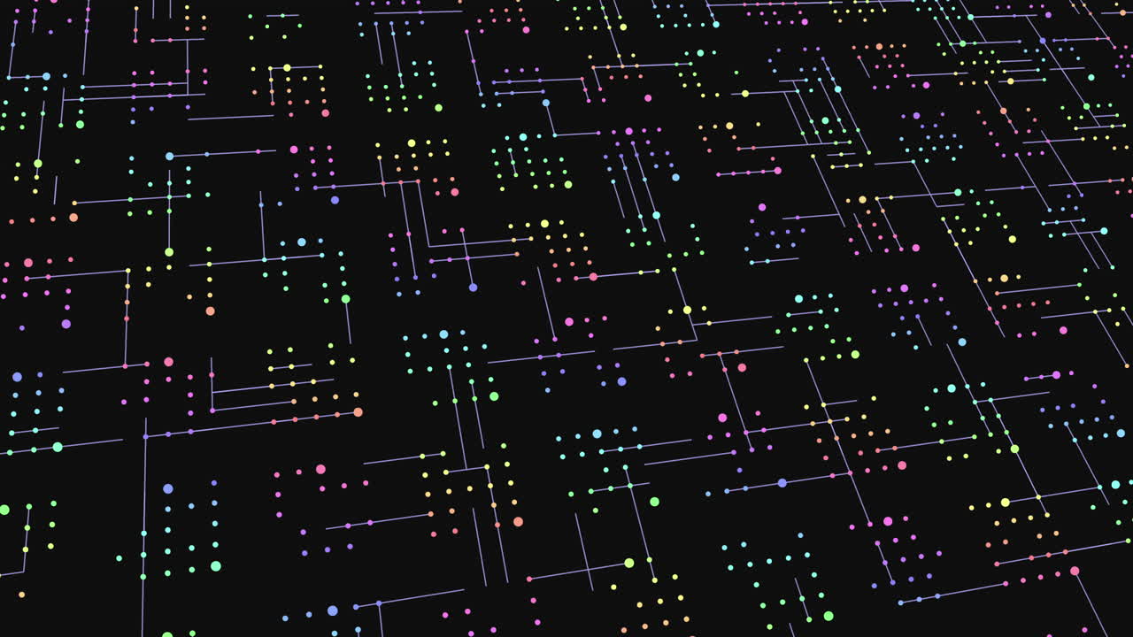 puntos coloridos de neón digital en filas en la pantalla de la computadora