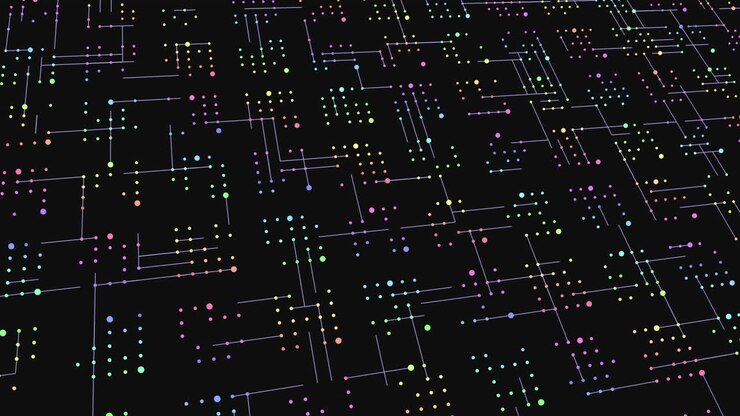 Digital neon colorful dots in rows on computer screen