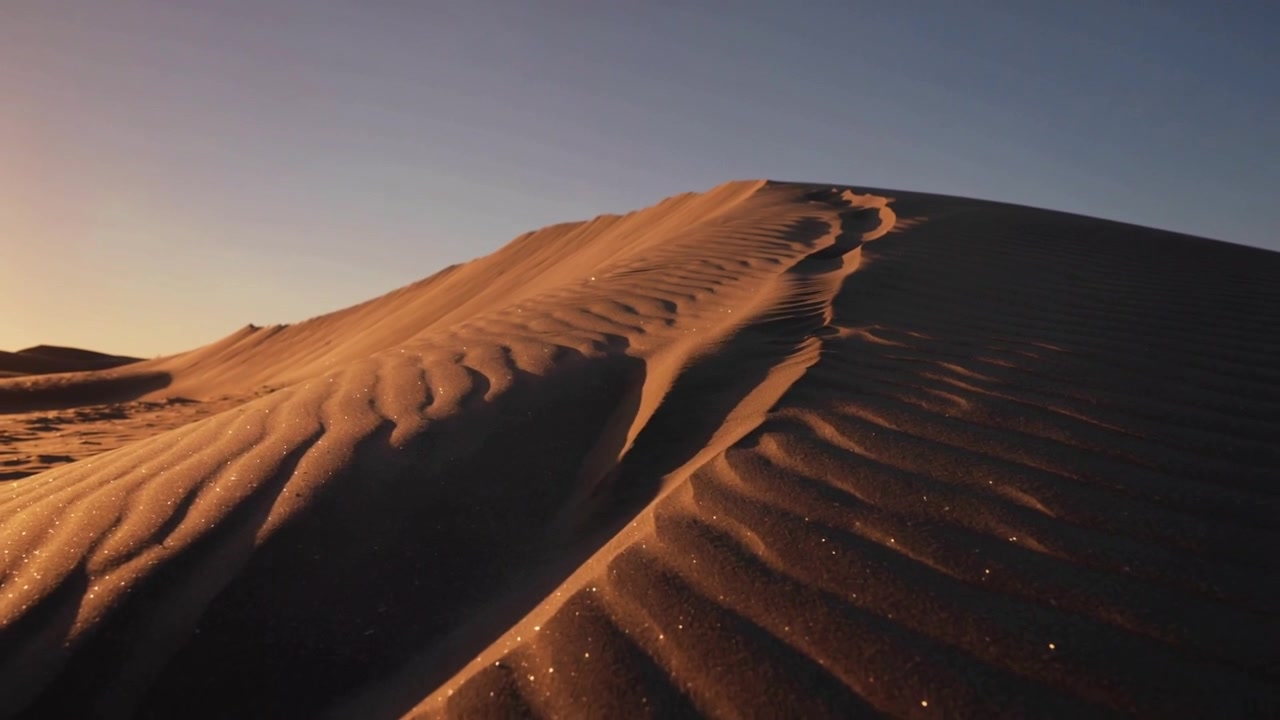 Telecamera che esegue una panoramica salendo il pendio di una duna all'ora d'oro, rivelando la traccia sulla cresta e increspature scintillanti.