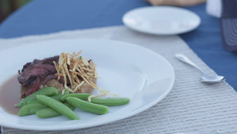 Steak-dinner-plate,-snap-peas-and-red-wine,-outdoor-setting,-close-up