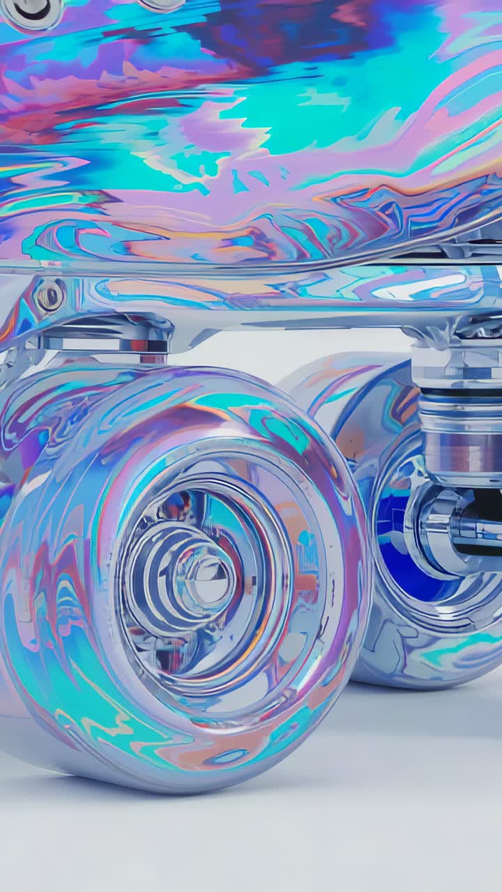 Vertical video: Shifting light revealing holo deck on white table, showing finish and clear wheels