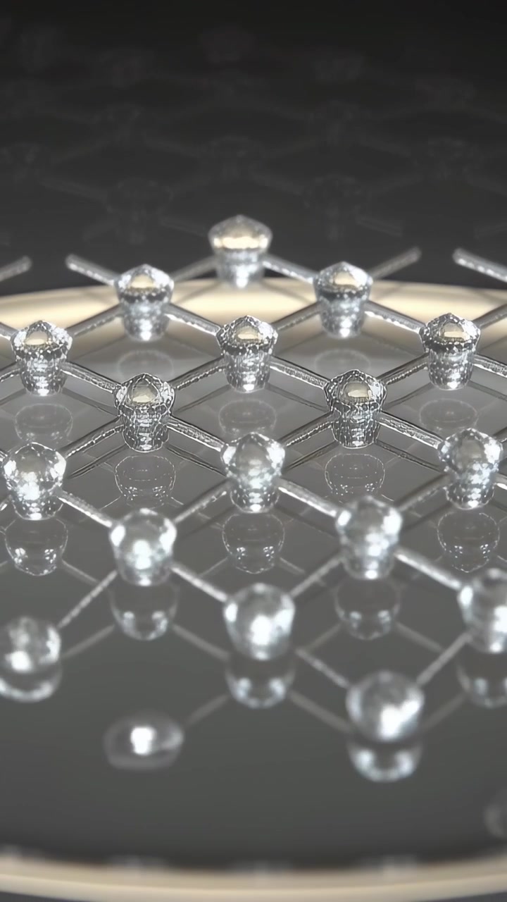 Vertical video: Appearing clear beads joining hex grid on tray with dark liquid, filling center
