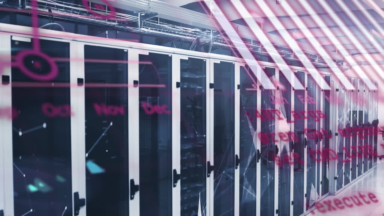 Animation of computer language, graphs, connected icons against server room in background