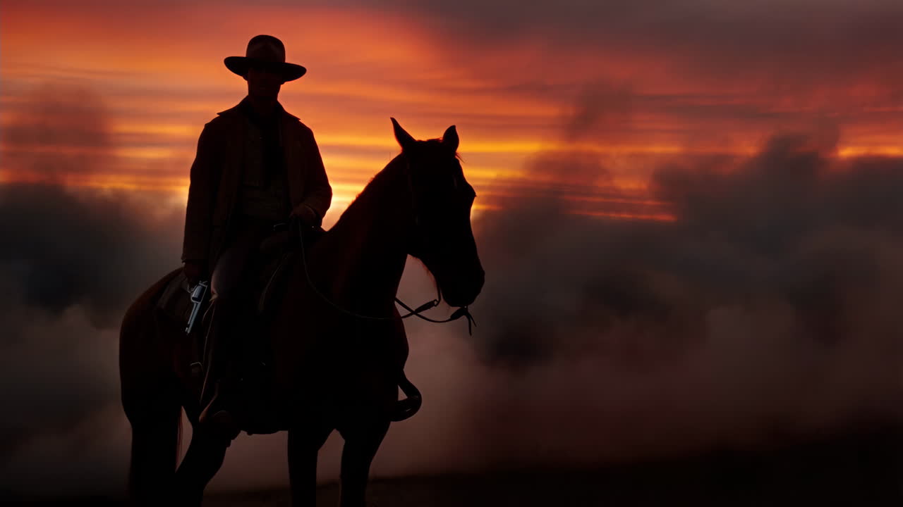un vaquero montando un caballo al atardecer.