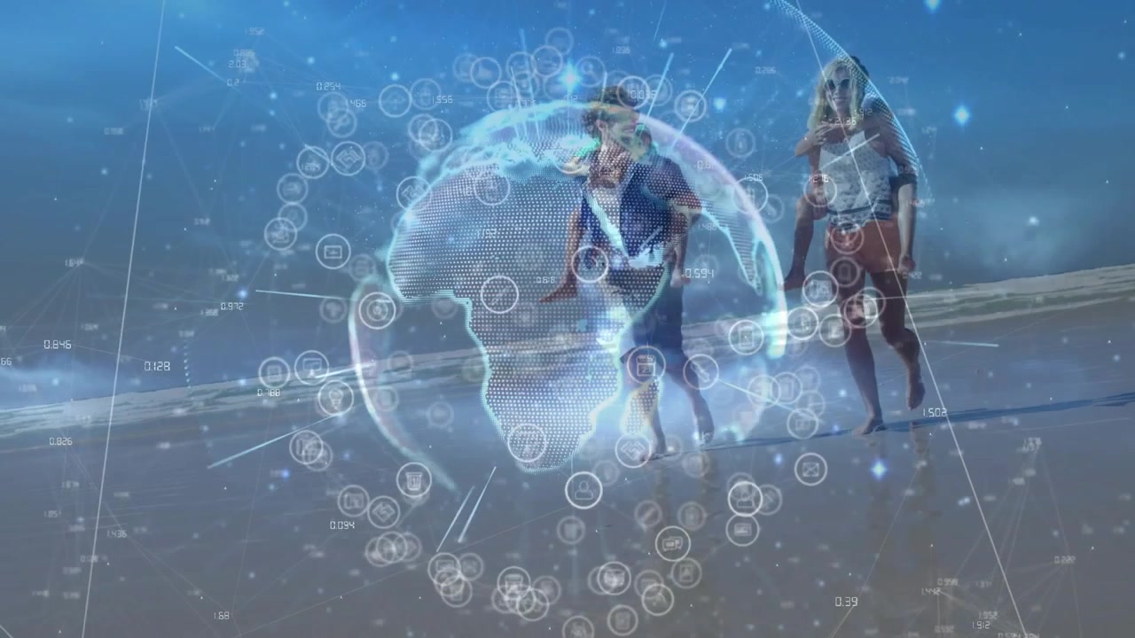 Man leading woman following, walking jogging to cam, globe appearing, revealing nodes for marketers
