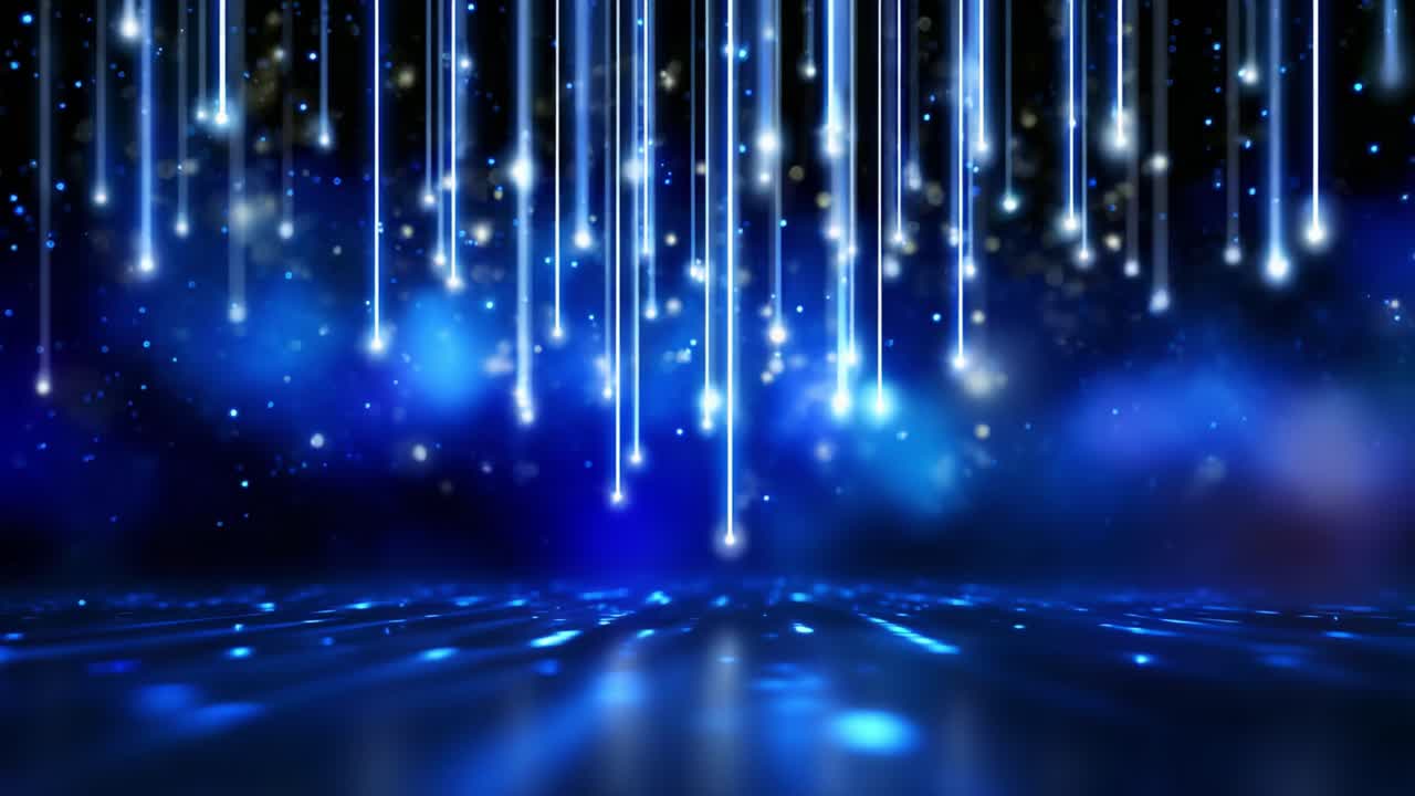 A mesmerizing cascade of luminous blue streaks descends in a celestial dance, illuminating a tranquil surface below, evoking feelings of wonder and serenity through a captivating interplay of light and color