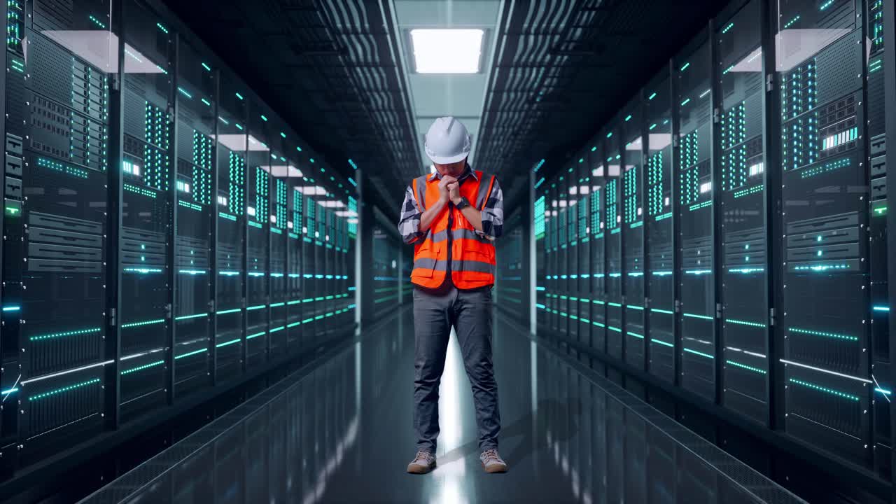 Full Body Of Asian Male Engineer With Safety Helmet Pray For Something While Standing in Server Room Data Center