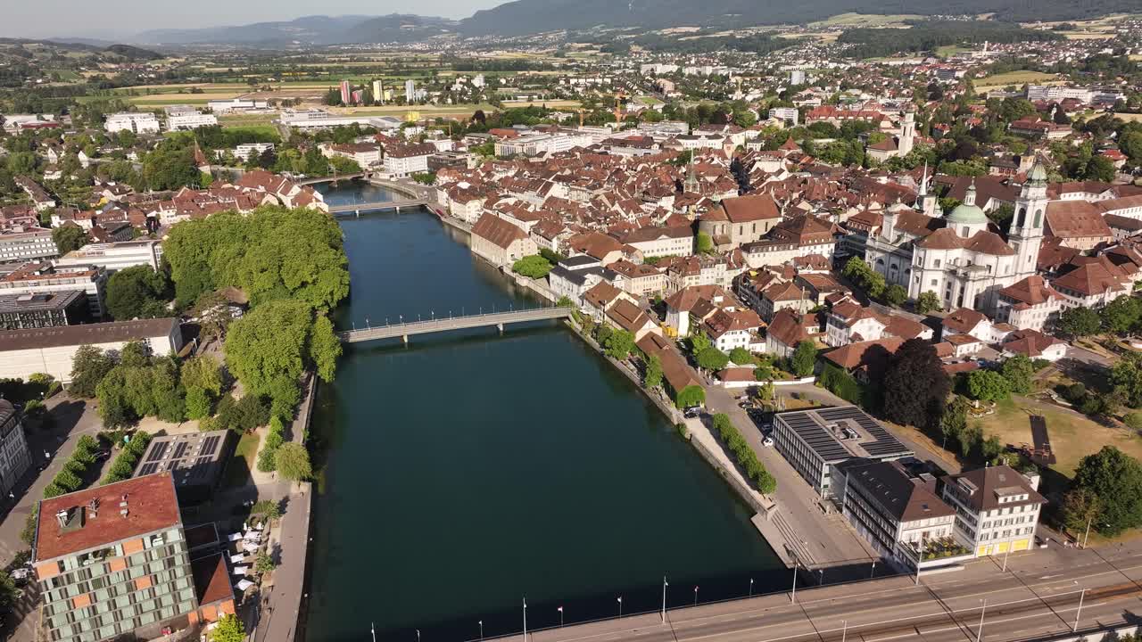Olten city with Aare river and bridges in Canton Solothurn, Switzerland, drone view on sunny day
