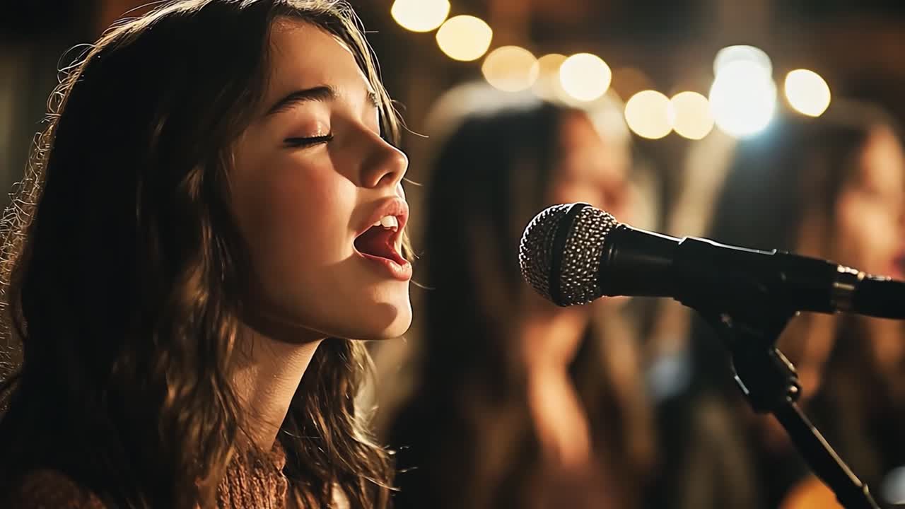 A young woman singing into a microphone at a concert